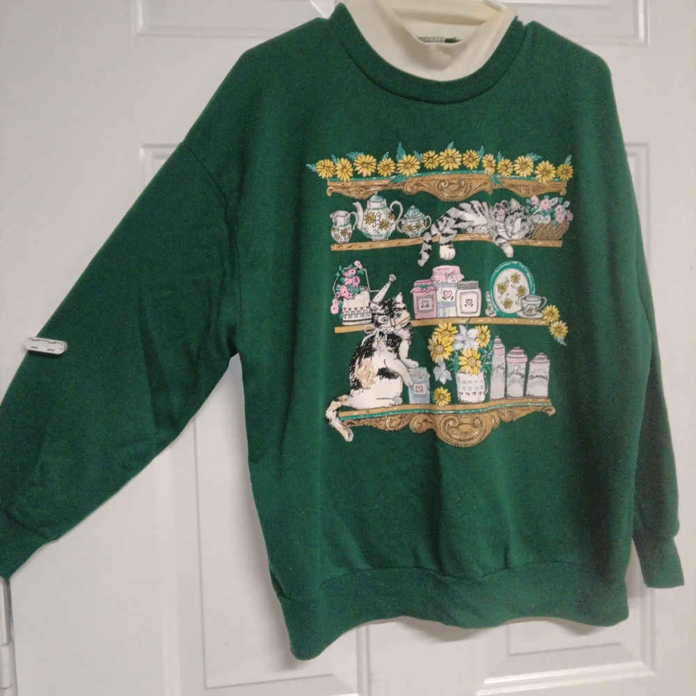 🦄 Vintage Green Cat Print Sweater Size XL